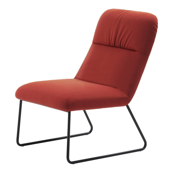 Red upholstered accent chair with a sleek black metal frame, featuring a smooth, minimalist design.