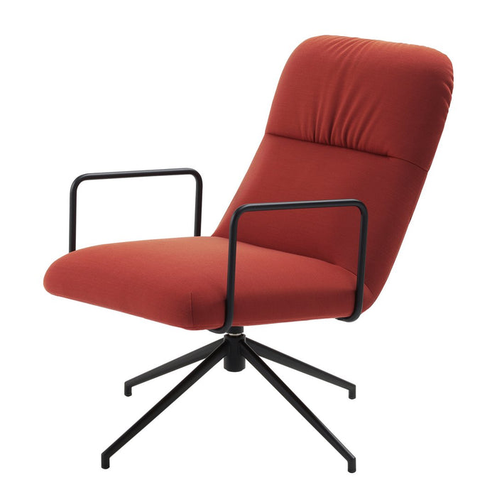 Rust-orange swivel chair with a smooth fabric finish and black metal frame, featuring a minimalist design.