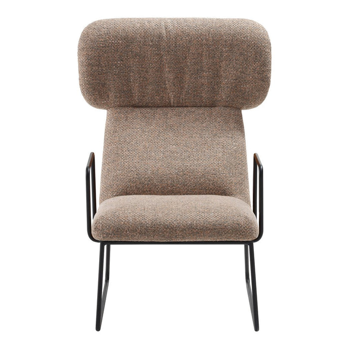 Brown textured fabric armchair with a modern black metal frame, featuring a high back and minimalist design.