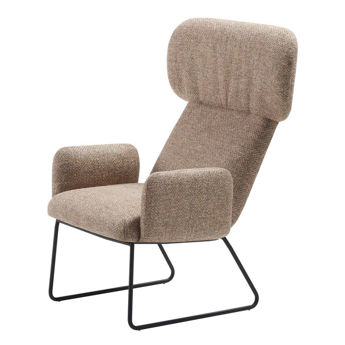 Beige textured armchair with a high back and black metal frame, perfect for a cozy living space.