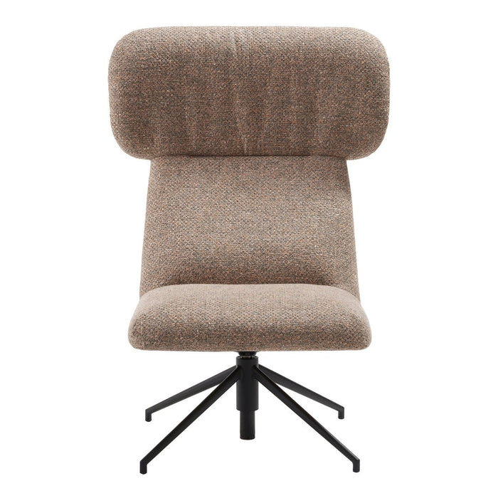 Textured brown fabric lounge chair with a high back and black metal base. Elegant, modern design for stylish interiors.