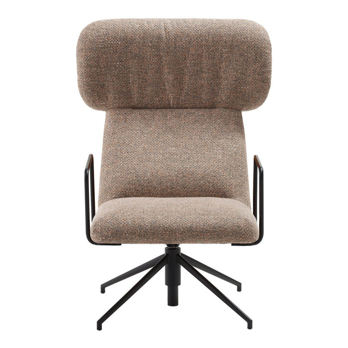 Brown upholstered chair with textured fabric and a sleek metal base. Modern design with a minimalist aesthetic.