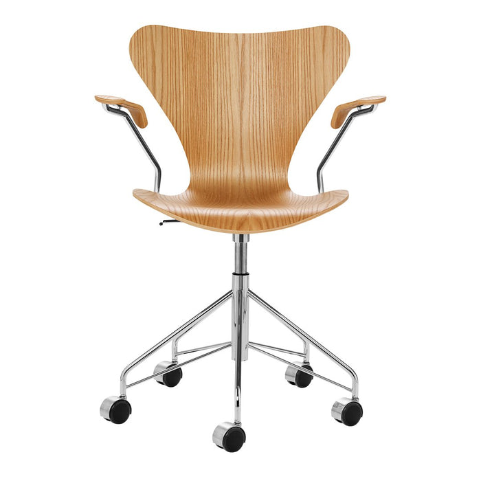 Natural wood finish with a sleek, curved design and chrome accents; modern and elegant office chair.