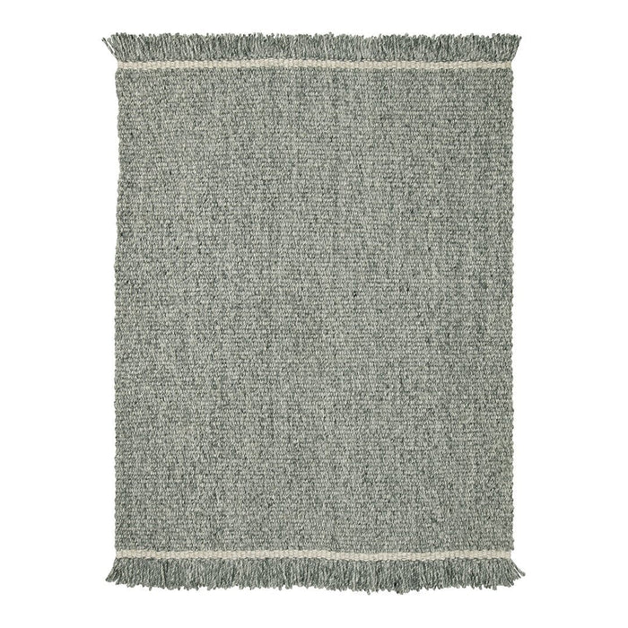 Soft gray area rug with textured weave and fringed edges, featuring a subtle off-white border.