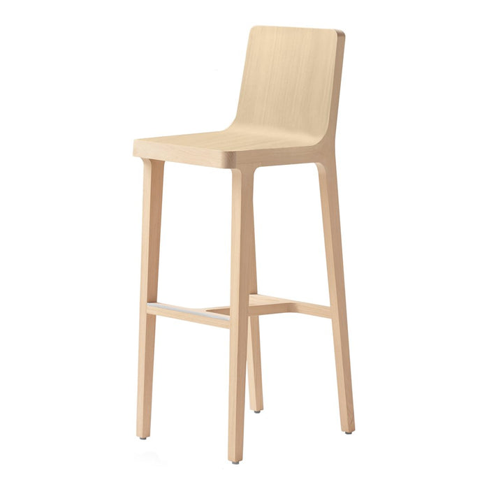 Natural wood bar stool with a minimalist design and smooth light beige finish, perfect for modern decor.