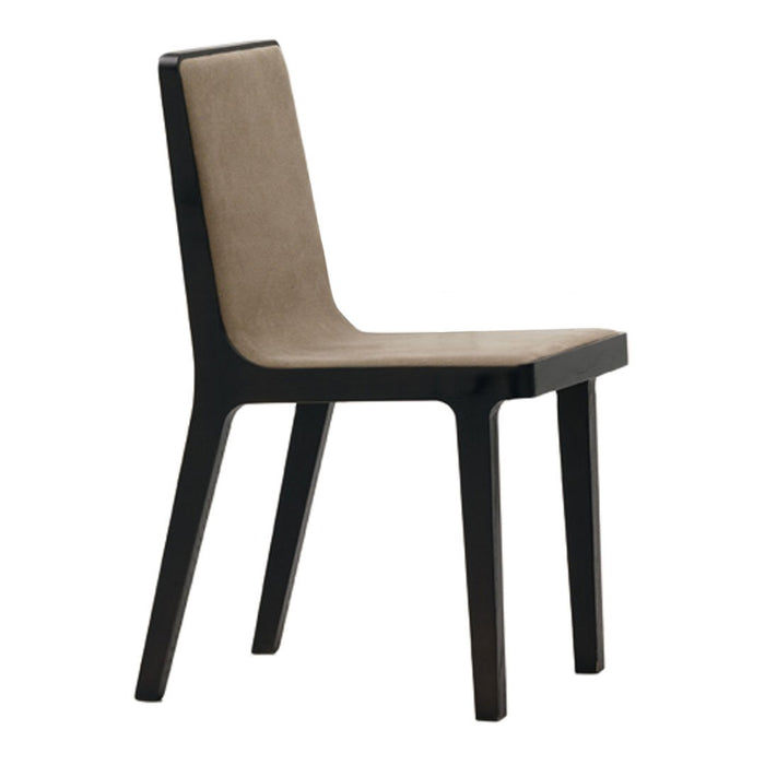 Modern chair in muted beige upholstery and sleek black wooden frame, featuring a minimalist design.