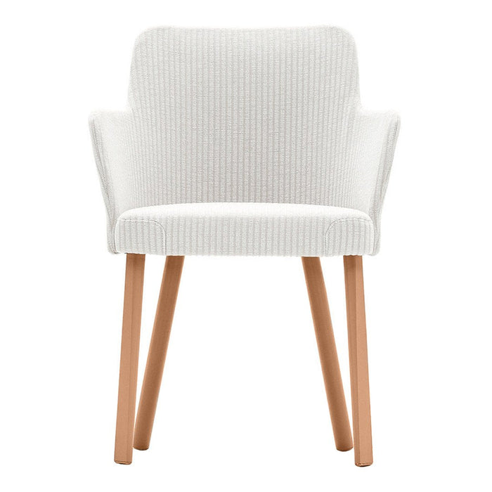 White ribbed fabric armchair with light wooden legs for a modern, minimalist look. Perfect for stylish interiors.