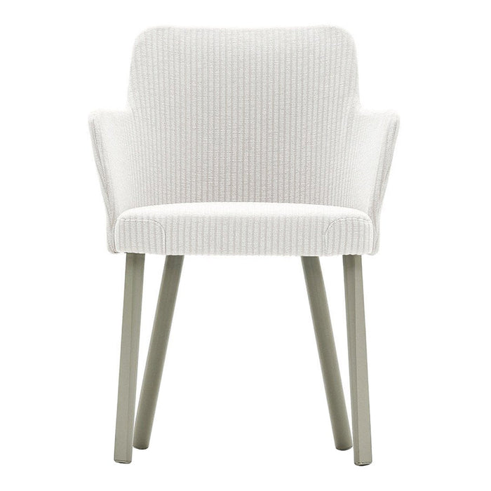 White ribbed dining chair with light gray legs, featuring a modern and minimalist design. Perfect for contemporary decor.