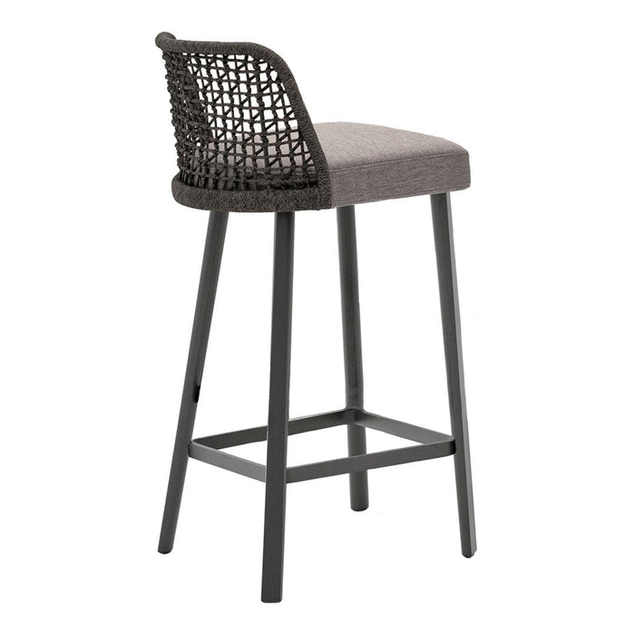 Stylish bar stool featuring a woven black back and a soft gray seat, perfect for contemporary decor.