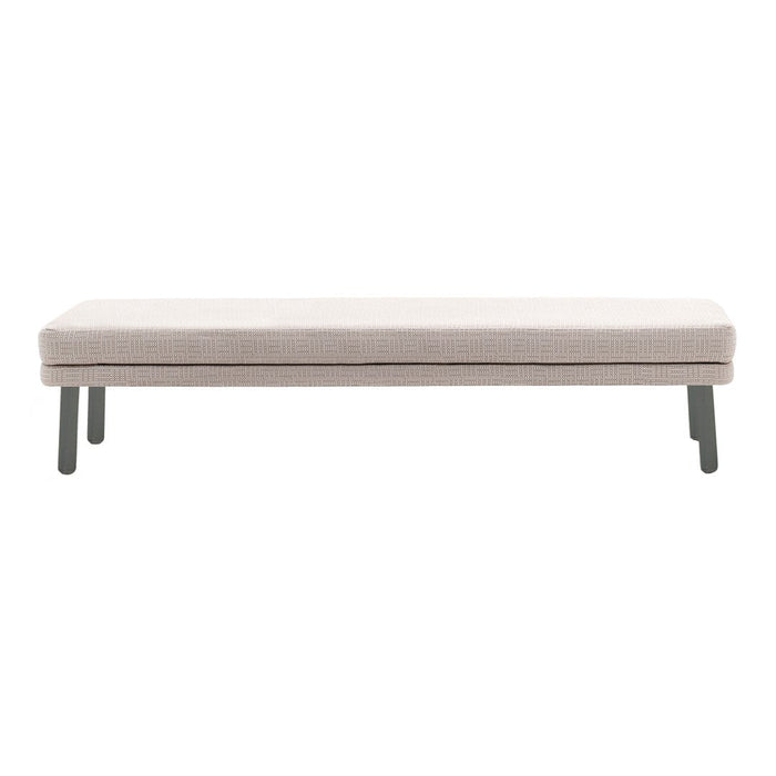 Light beige upholstered bench with smooth fabric and dark gray legs, offering a modern, minimalist style.