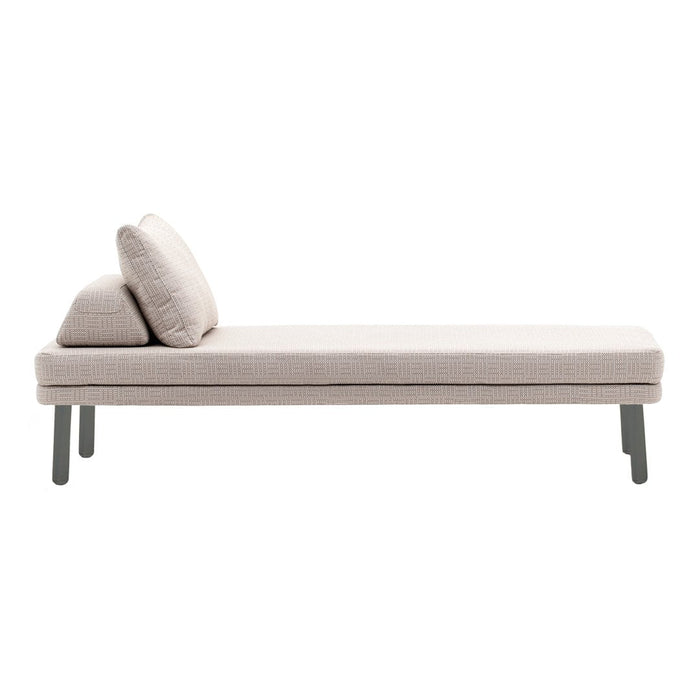 Light beige daybed with smooth upholstery and two matching cushions, featuring a minimalist design and gray legs.