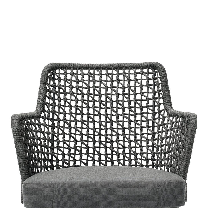 Textured gray woven chair with an intricate geometric pattern. Modern and stylish addition to any space.
