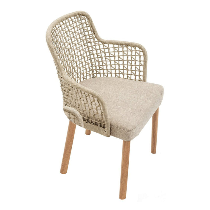 Beige woven chair with natural wood legs and a soft, textured fabric seat. Stylish, modern design perfect for any decor.