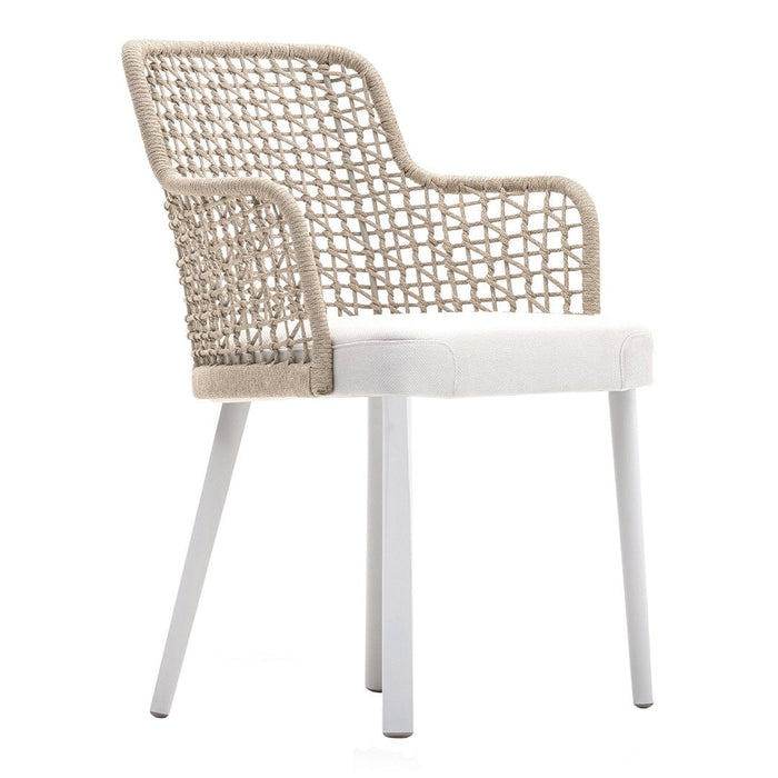 Beige woven armchair with a textured back, white cushion, and sleek white legs, perfect for modern decor.