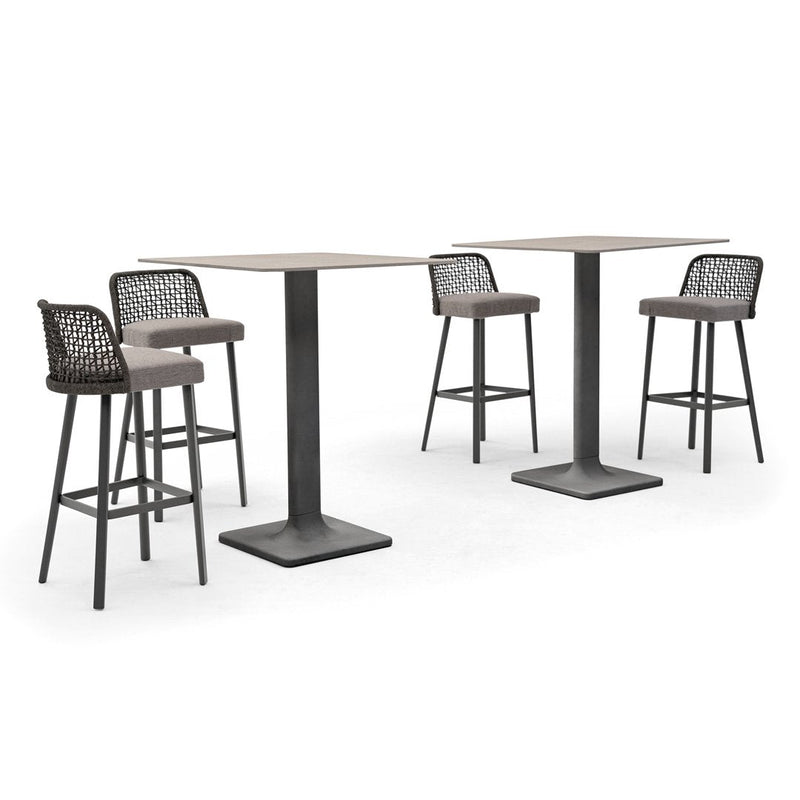 Modern outdoor bar set featuring a sleek gray tabletop, black metal frames, and patterned woven chair backs.