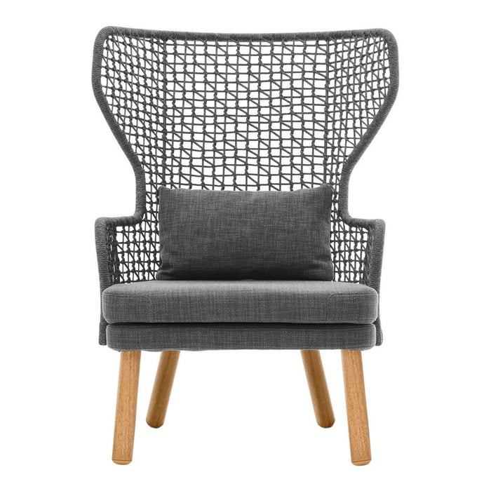 Gray upholstered chair with a woven back and wooden legs, featuring a textured pattern and contrasting cushion.