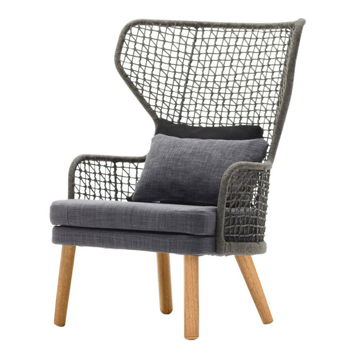 Grey fabric armchair with a textured woven back and light wooden legs, featuring a cushion for added comfort.