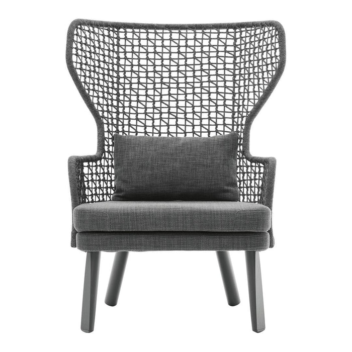 Gray woven armchair with a unique lattice pattern and matching cushion, perfect for modern decor.