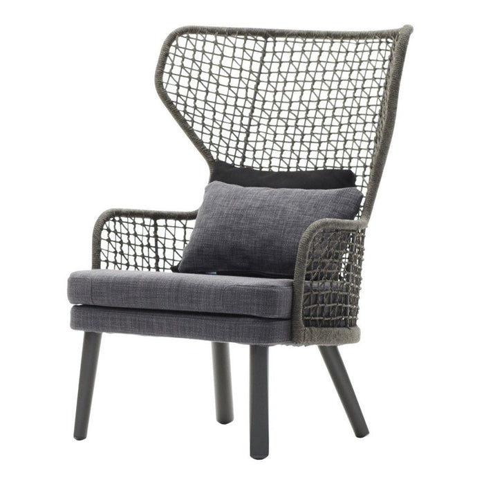 Modern gray armchair with a woven back pattern and dark legs, featuring a coordinating gray cushion. Perfect for stylish decor.