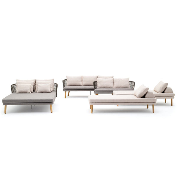 Modern gray and beige outdoor sofa set with light wood accents and matching cushions. Stylish and versatile design.