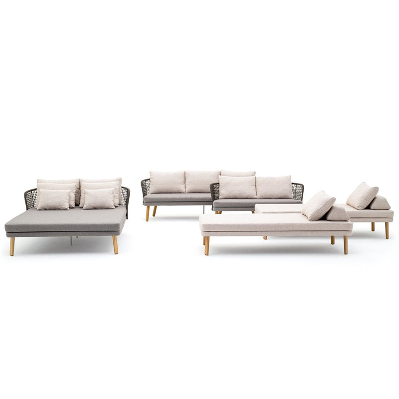 Modern gray and beige outdoor sofa set with light wood accents and matching cushions. Stylish and versatile design.