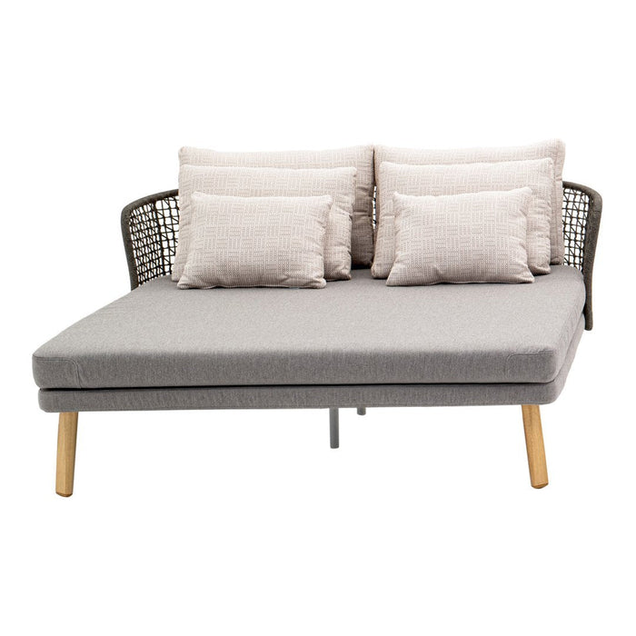 Gray fabric daybed with light beige cushions and woven back, featuring natural wooden legs for a modern aesthetic.