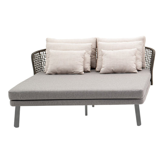 Gray outdoor sofa with beige cushions and a woven backrest, featuring a modern, minimalist design.