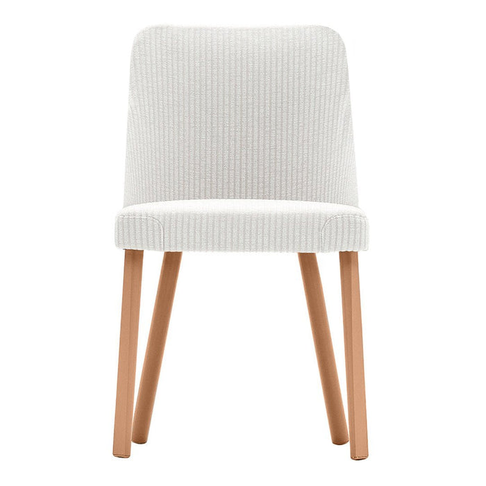 White ribbed upholstered chair with natural wooden legs, perfect for modern decor.