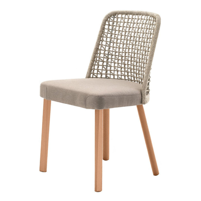 Beige upholstered seat with a textured, woven backrest and light wooden legs. Modern and minimalist design.