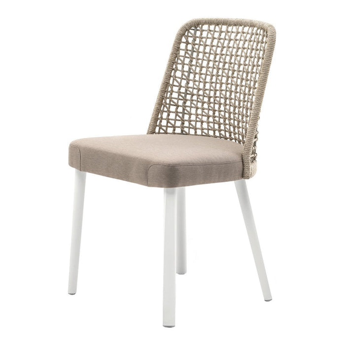 Beige padded chair with a woven backrest and white legs, featuring a modern and minimalist design.