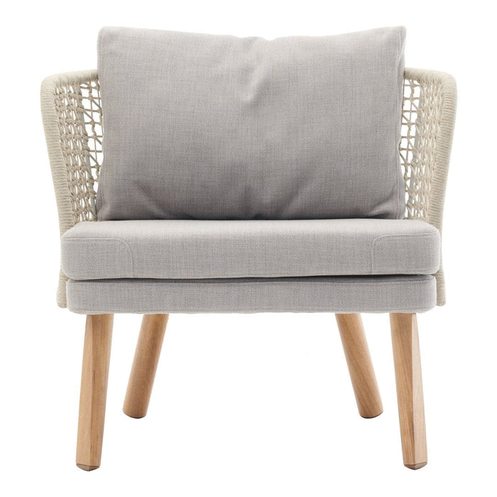 Light gray armchair with a textured cushion and woven backrest, set on natural wood legs for a modern look.