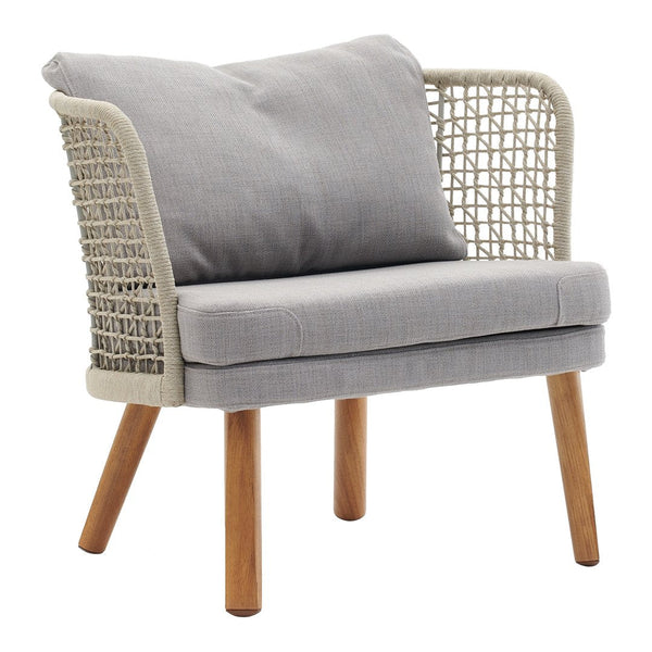 Gray fabric armchair with woven rattan back and natural wood legs, featuring a soft, textured cushion.