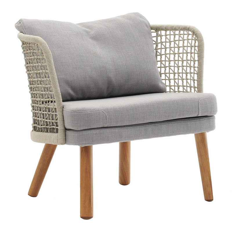 Gray fabric armchair with woven rattan back and natural wood legs, featuring a soft, textured cushion.