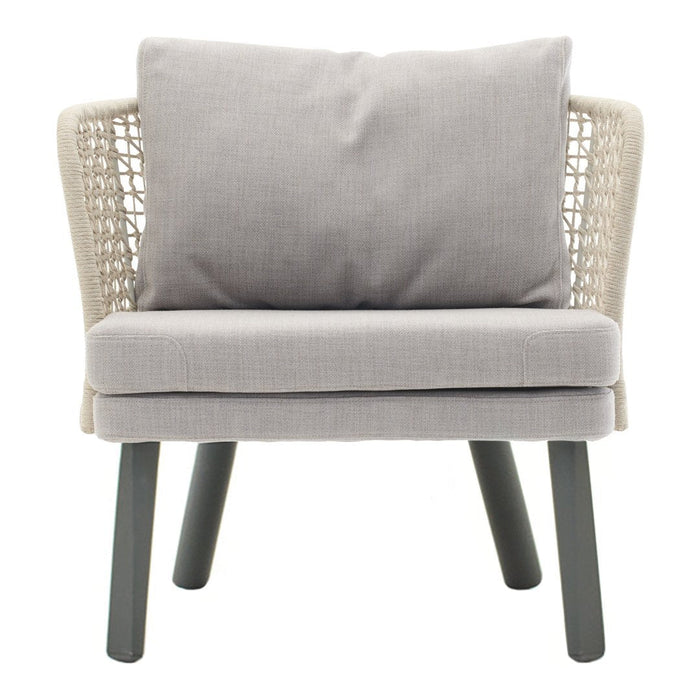 Gray upholstered armchair with woven back and light gray pillow, featuring sleek black legs. Perfect modern accent piece.