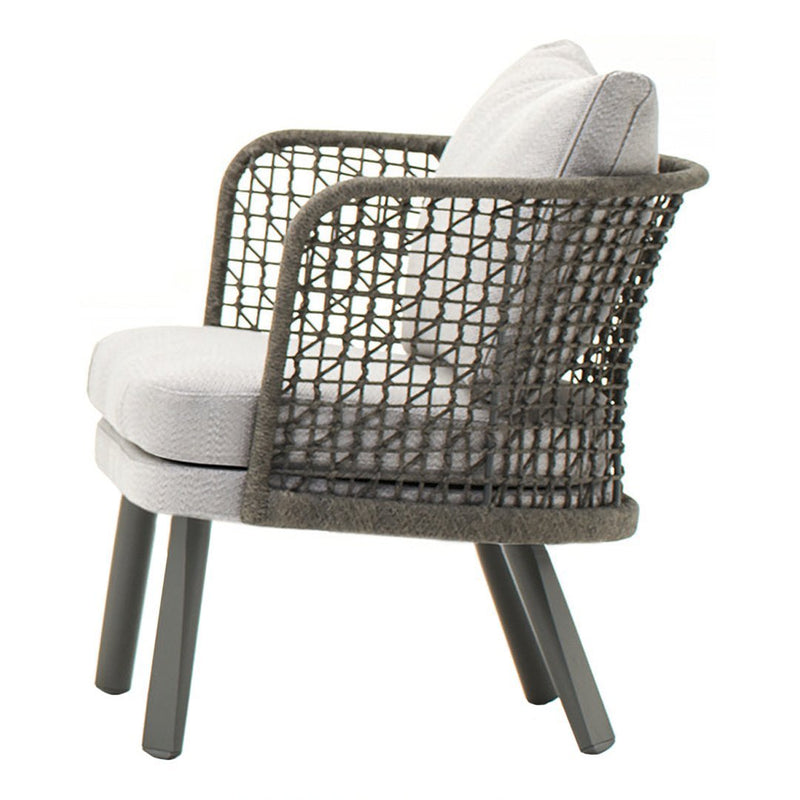 Modern gray woven chair with a light gray cushioned seat and dark gray wooden legs. Stylish geometric pattern.