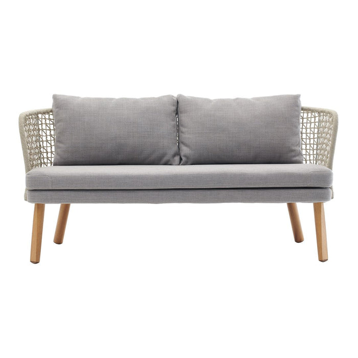 Gray sofa with soft cushions and woven backrest, featuring natural wood legs for a modern aesthetic.
