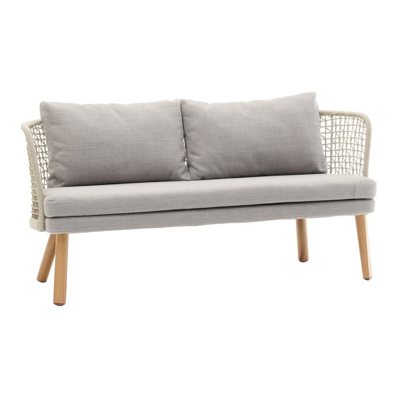 Gray fabric sofa with woven rattan back and light wooden legs, perfect for modern decor.