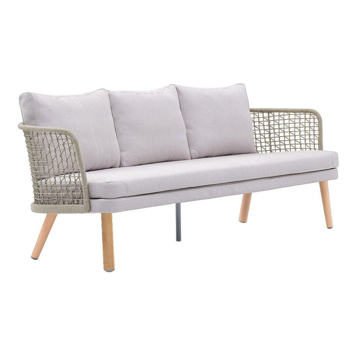 Light gray sofa with woven arms and wooden legs, featuring a clean, modern design and soft cushion patterns.