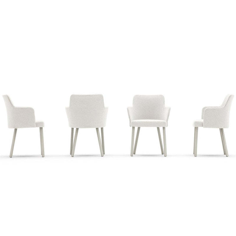 Set of four elegant white chairs with smooth lines and light wooden legs, perfect for modern decor.