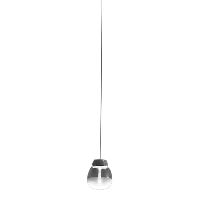 "Minimalist pendant light with a sleek gray and clear glass design, featuring a smooth, modern silhouette."