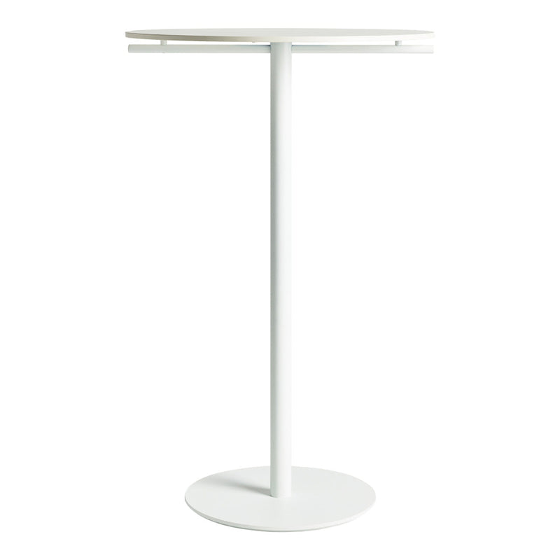 Sleek white bar table with a minimalist design and smooth surface, complementing any modern decor.