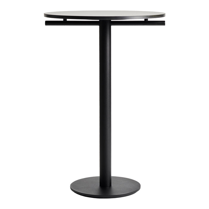 Round black bar table with a sleek, minimalist design and smooth white tabletop. Modern and stylish for any space.