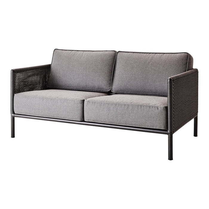Gray two-seater sofa with a sleek black metal frame and textured fabric cushions. Modern minimalist design.