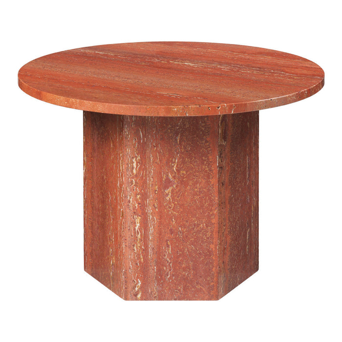 Round rust-colored table with a hexagonal base, featuring subtle textured patterns. Ideal for modern decor.