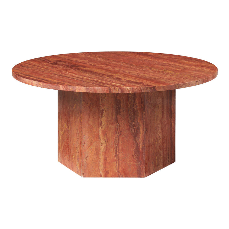 Round wooden table with a rich red-brown color and subtle, natural grain patterns. Perfect for modern decor.
