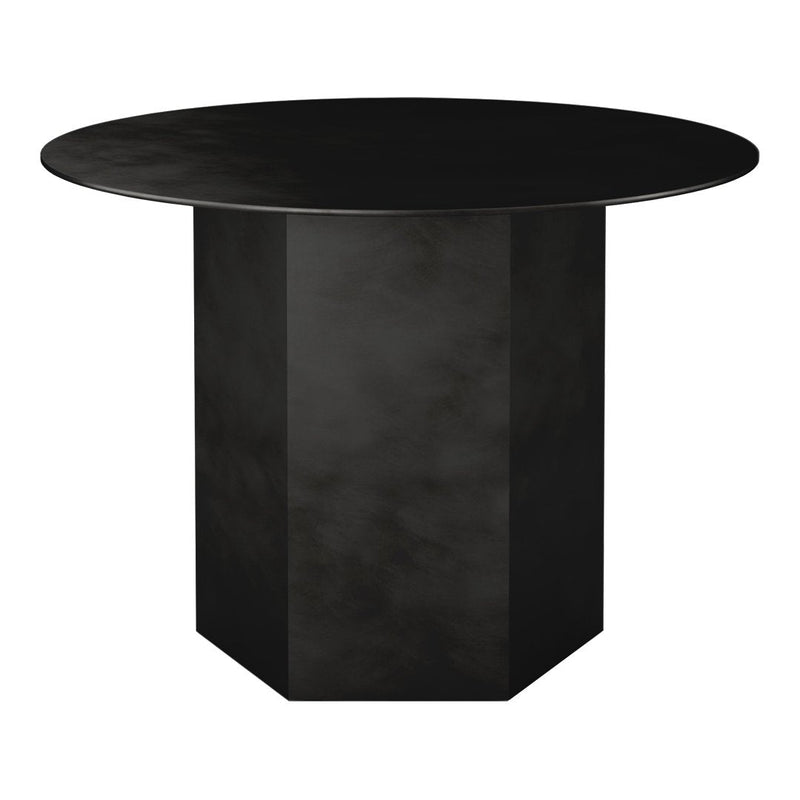 Black round table with a geometric hexagonal base and smooth matte finish. Modern minimalist design for any space.