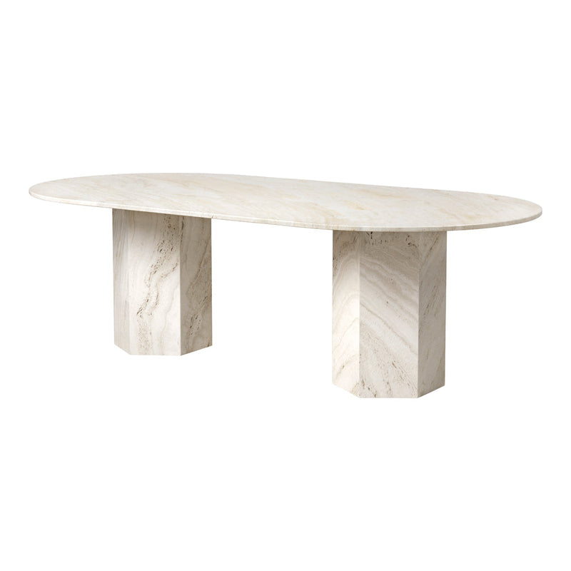 Elegant oval dining table with a beige marble finish and subtle veining pattern on the surface and bases.