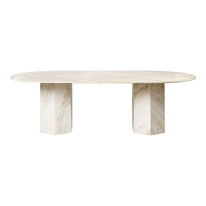 Elegant oval dining table featuring a light, creamy marble finish with subtle veining and geometric pedestal base.