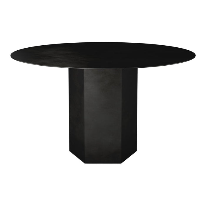 Black round table with a sleek, modern design and a geometric pedestal base. Perfect for minimalist decor.
