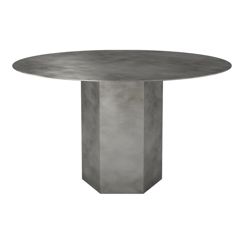 Round gray dining table with a polished finish and geometric base, creating a modern and sleek aesthetic.